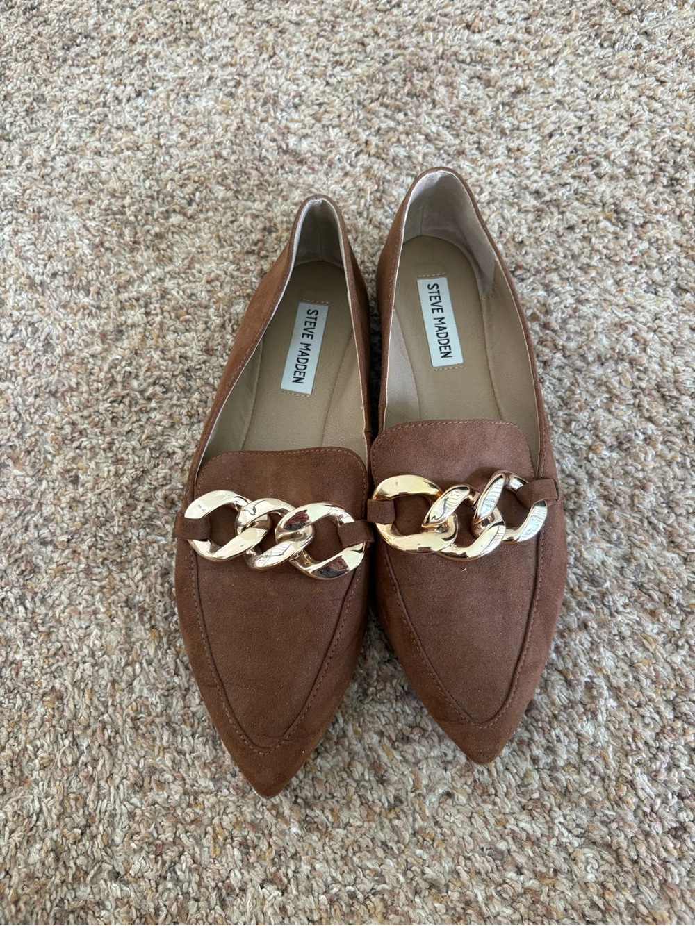 Steve Madden Brown Suede Pointed Loafers with Gold Chain Accent